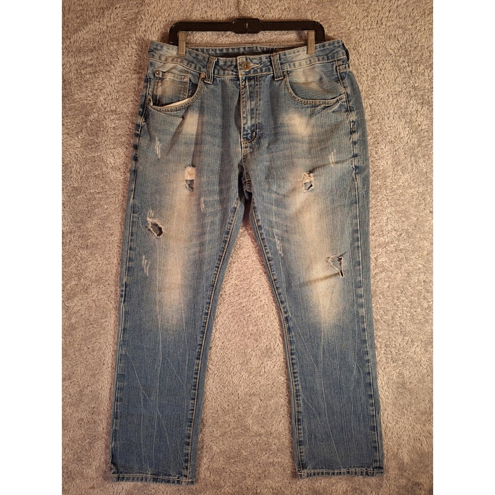 Marc Ecko Unltd Mens Jeans Blue Distressed Ripped Straight Leg Size 36x32